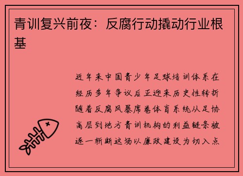 青训复兴前夜：反腐行动撬动行业根基