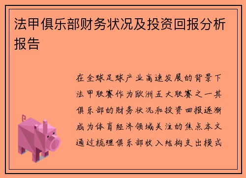 法甲俱乐部财务状况及投资回报分析报告