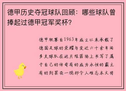 德甲历史夺冠球队回顾：哪些球队曾捧起过德甲冠军奖杯？